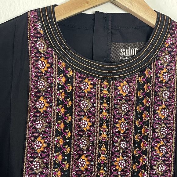 SAILOR  BLACK  EMBROIDERED BOHEMIAN BABYDOLL BELL SLEEVE MINI DRESS SIZE M‎ - Picture 4 of 13